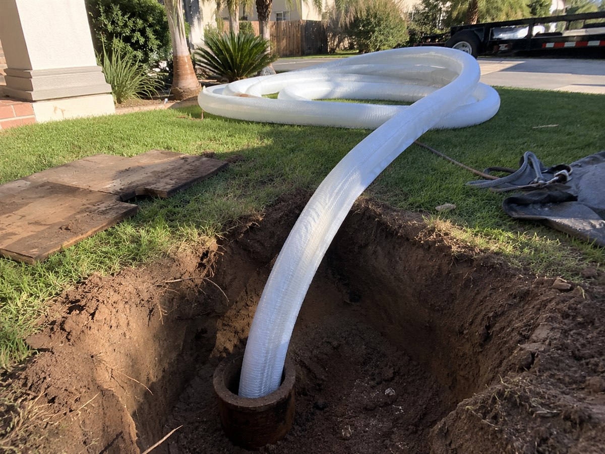 Pipe Lining, the liner being fed into the line from the access pit.