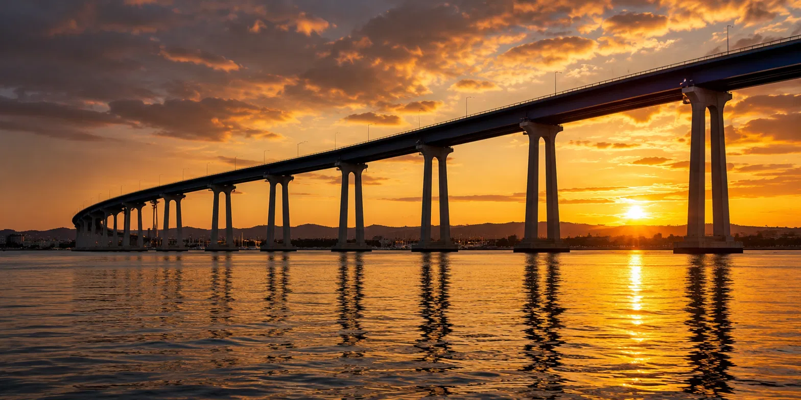 The Coronado Bridge at sunset.