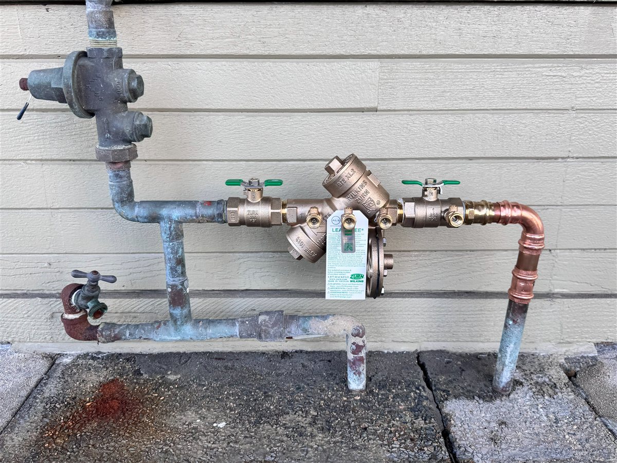 A new Zurn Wilkins backflow preventer set in fresh copper.
