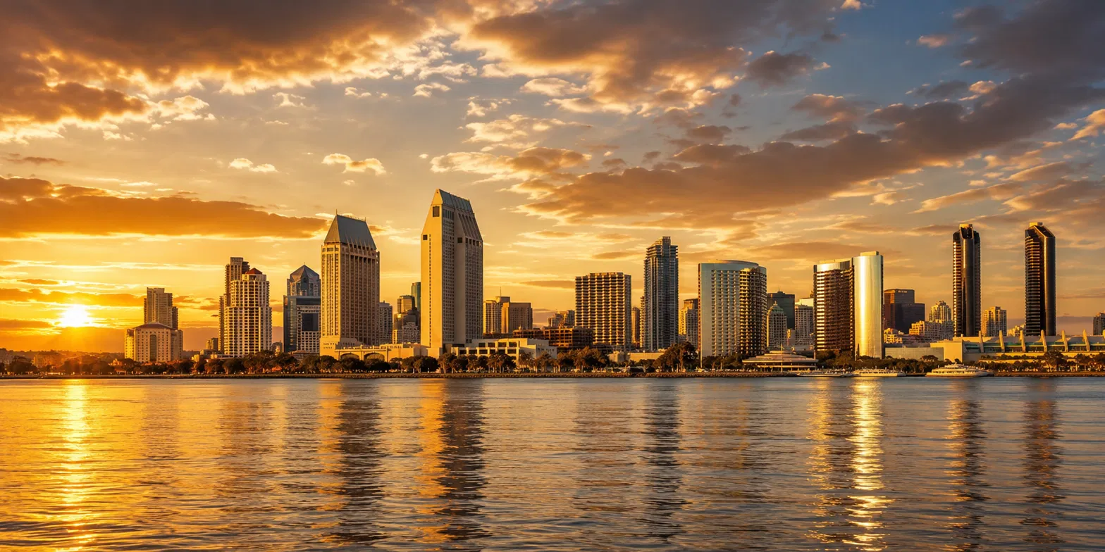 The San Diego skyline at sunset.