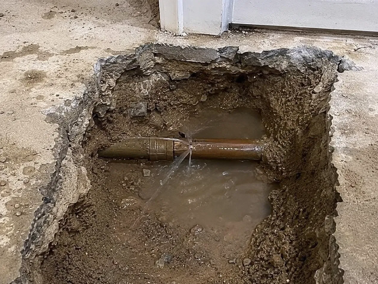Slab leak, a leaking water line beneath a concrete slab.